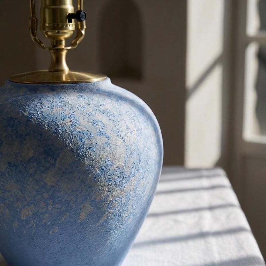 Original Design Blue Ceramic Table Lamp with scalloped pleated shade, photo 3