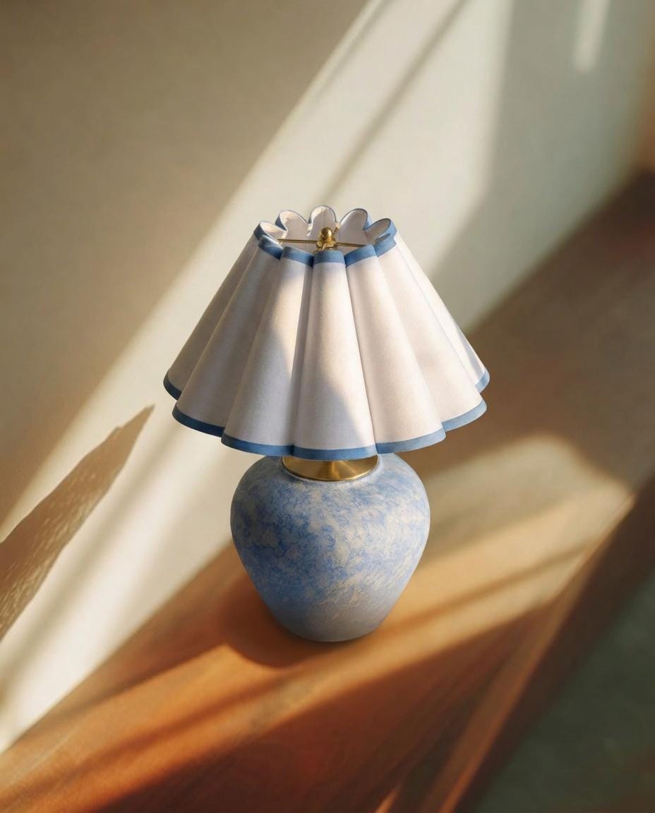 Original Design Blue Ceramic Table Lamp with scalloped pleated shade, photo 7