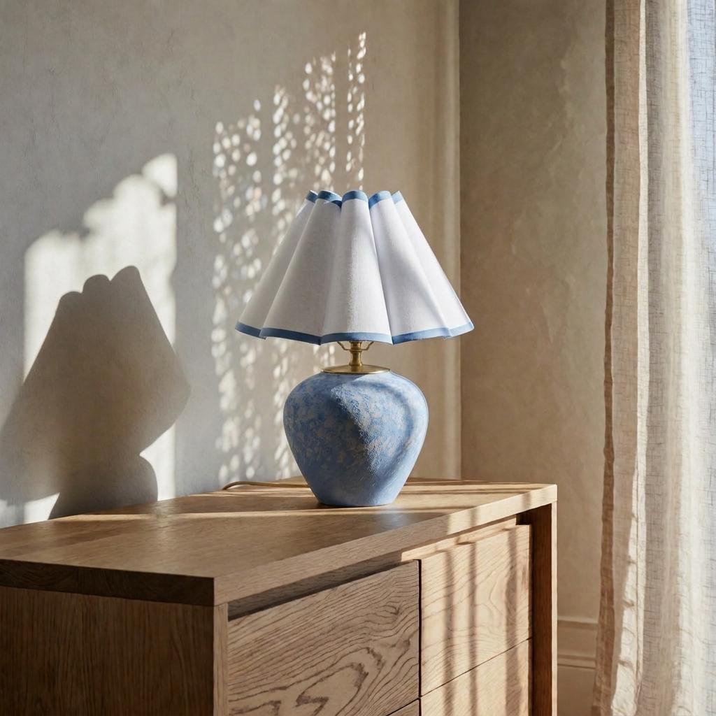 Original Design Blue Ceramic Table Lamp with scalloped pleated shade, photo 6