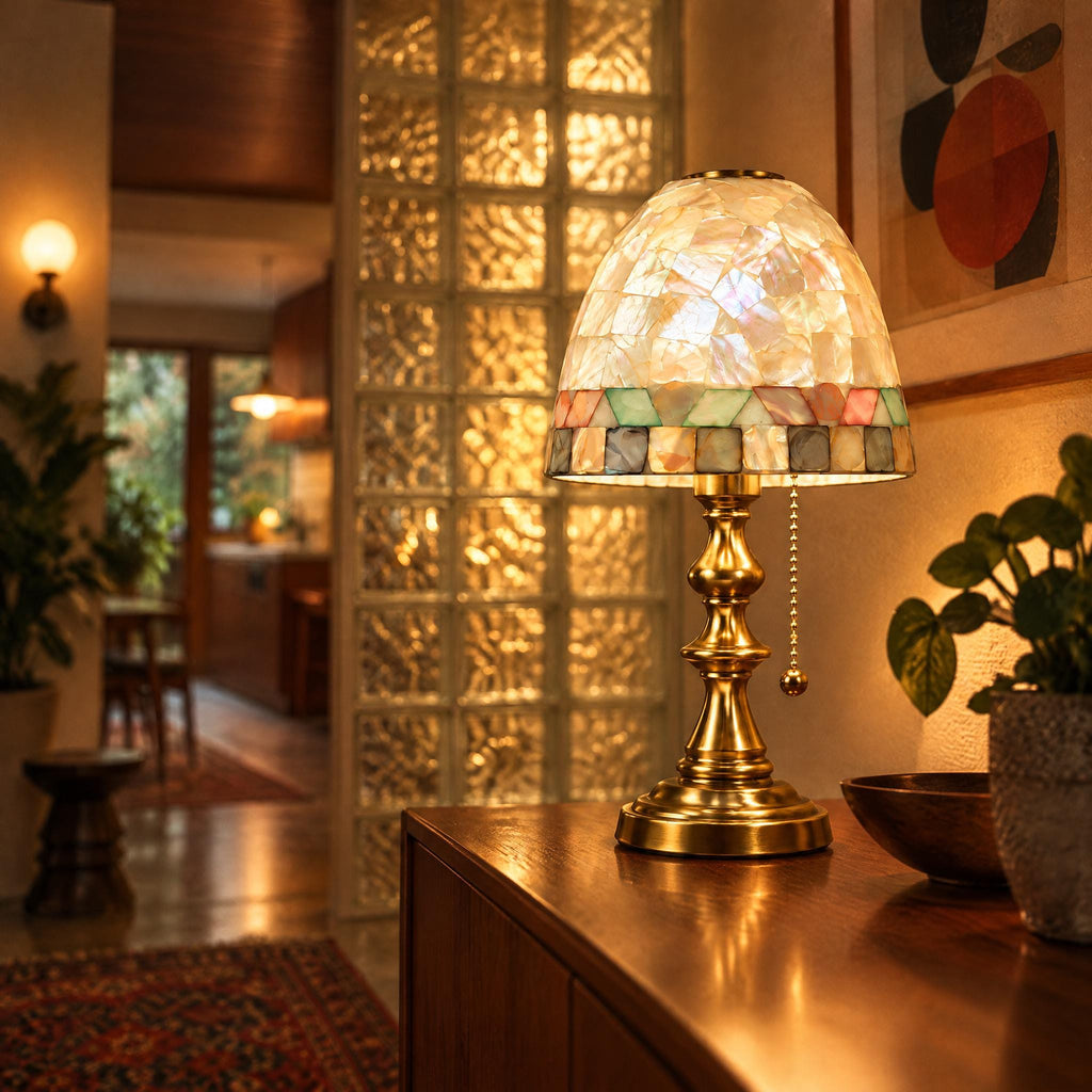 Small Shell Mosaic Table Lamp, bronze-gold base, photo 3