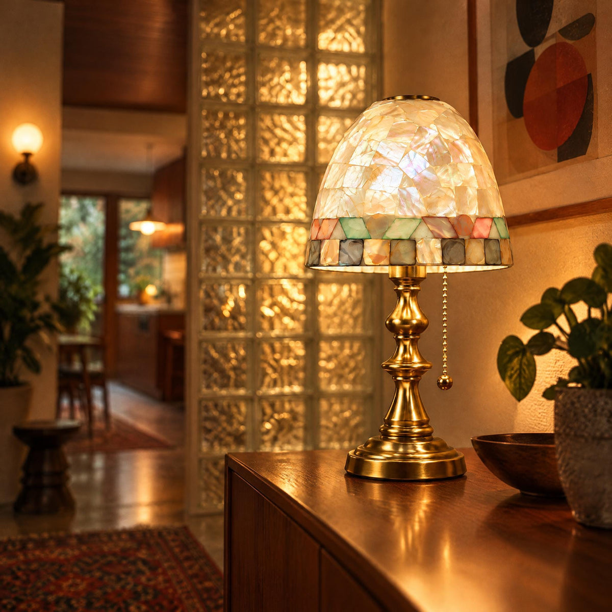 Small Shell Mosaic Table Lamp, bronze-gold base, photo 3