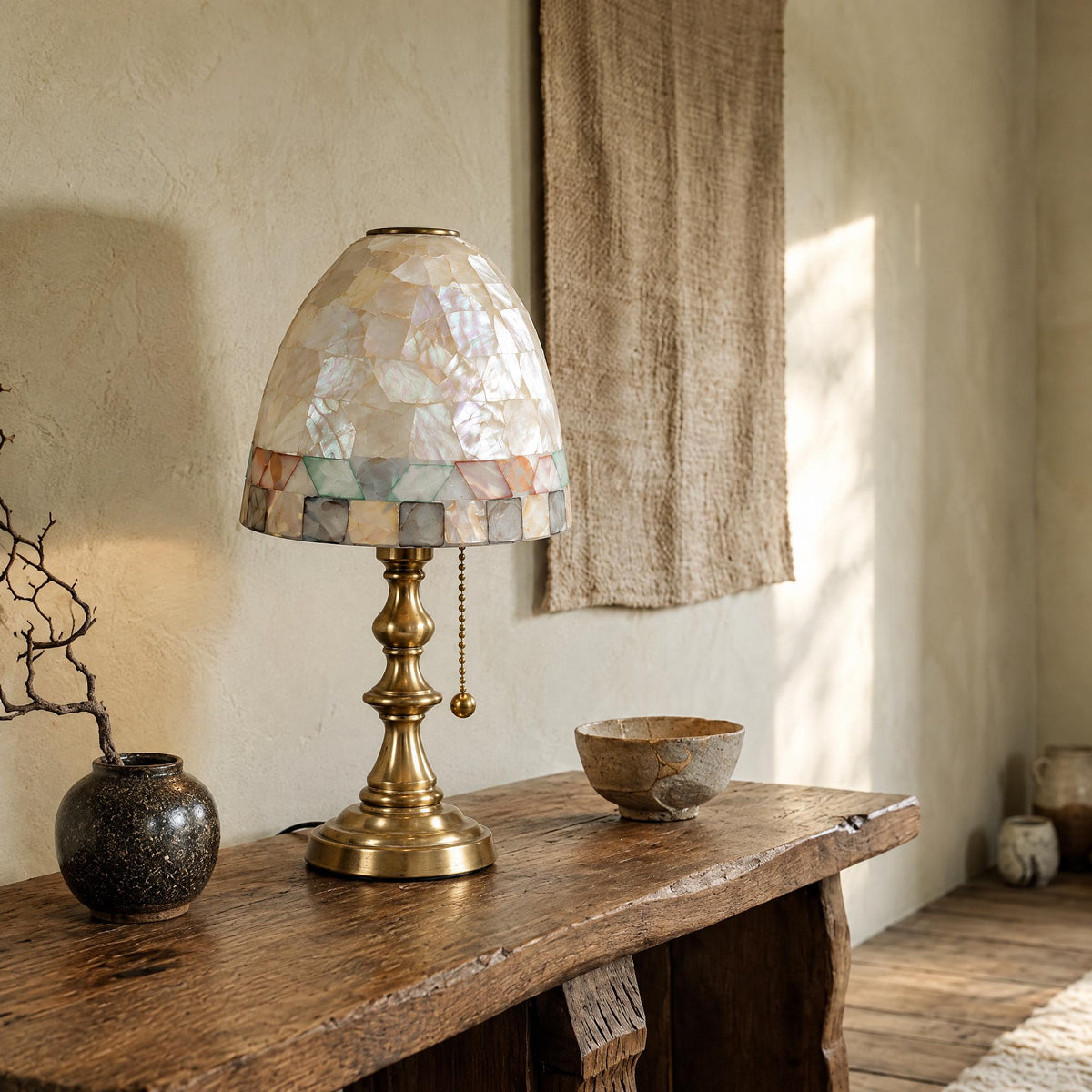 Small Shell Mosaic table lamp on a wooden table