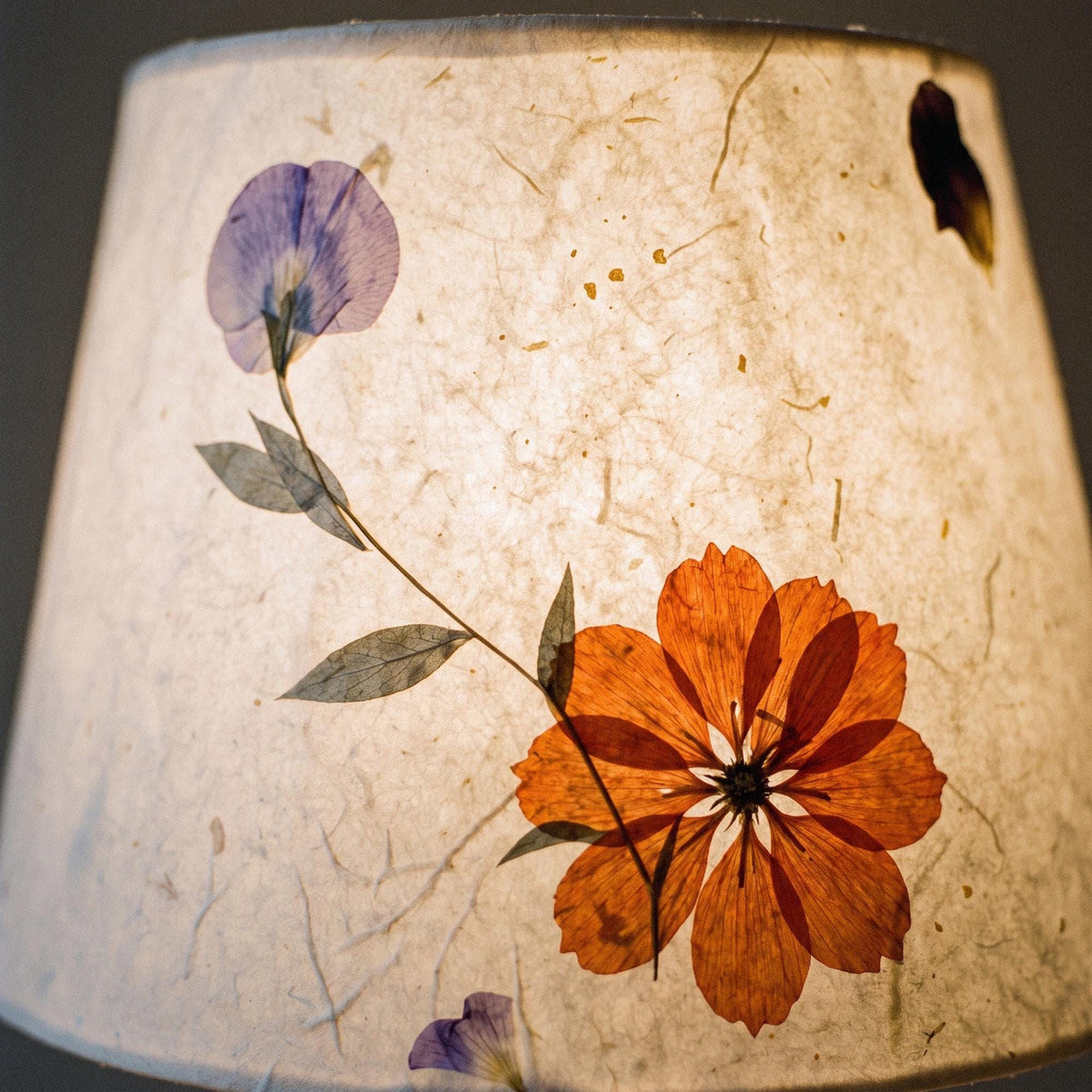 Close view of a pressed violet-blue blossom and grey-green leaves in the paper pulp shade