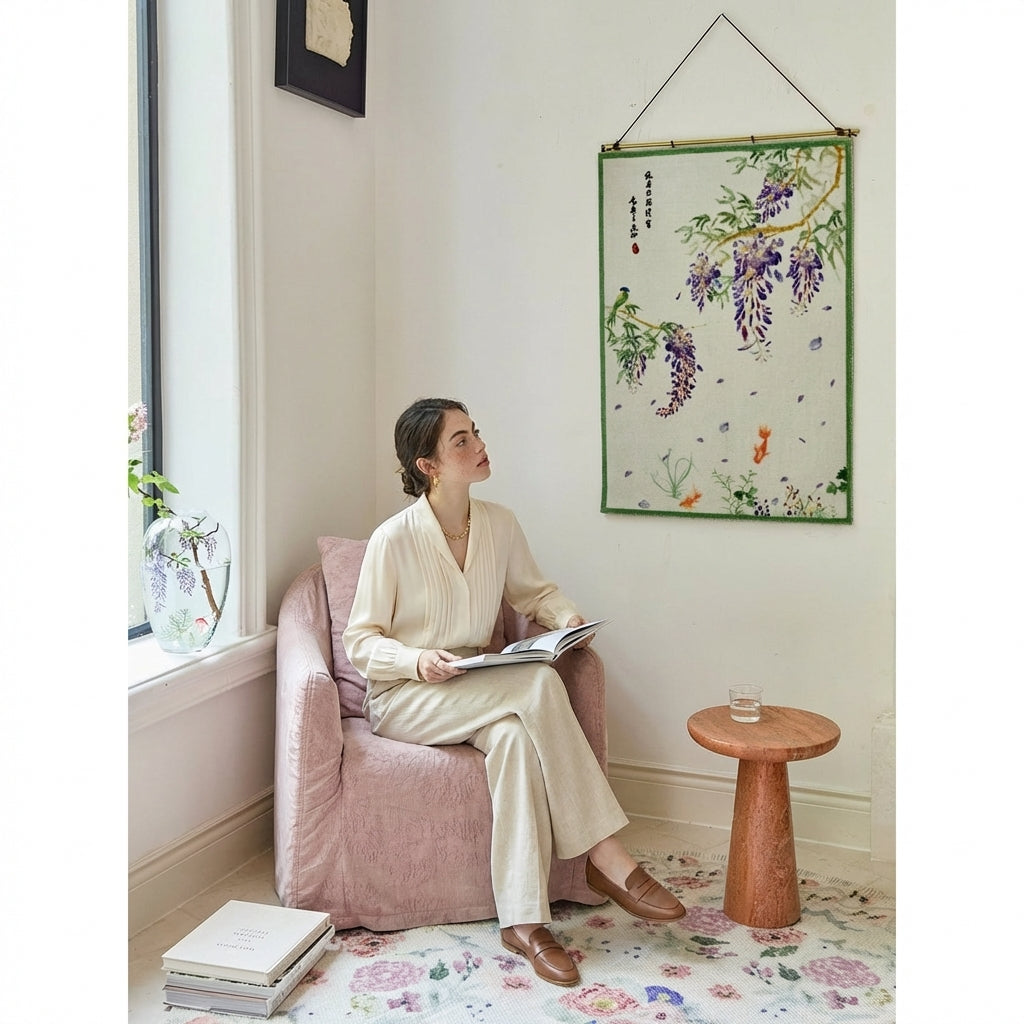 Woman sitting on a pink chair reading a book in a cozy room with a floral rug and wall art.