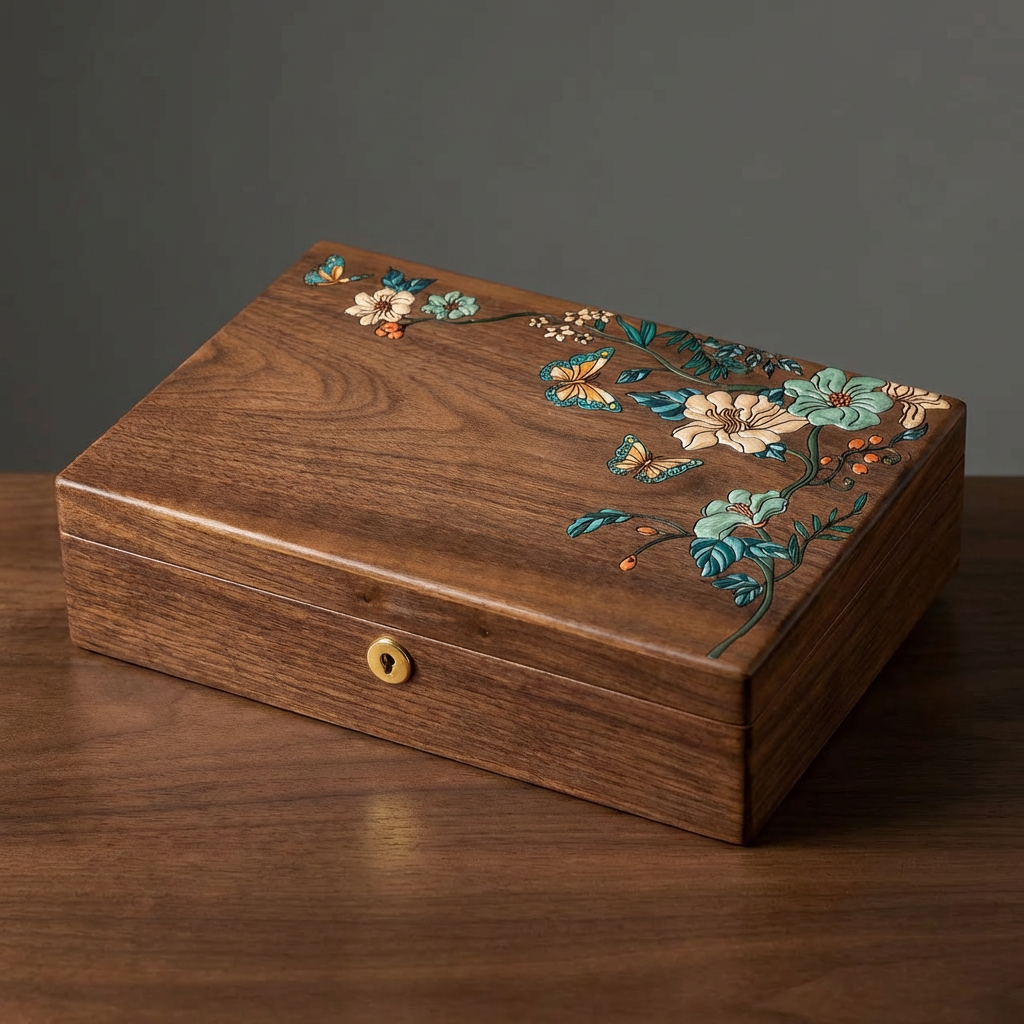 Wooden box with floral designs on a dark surface