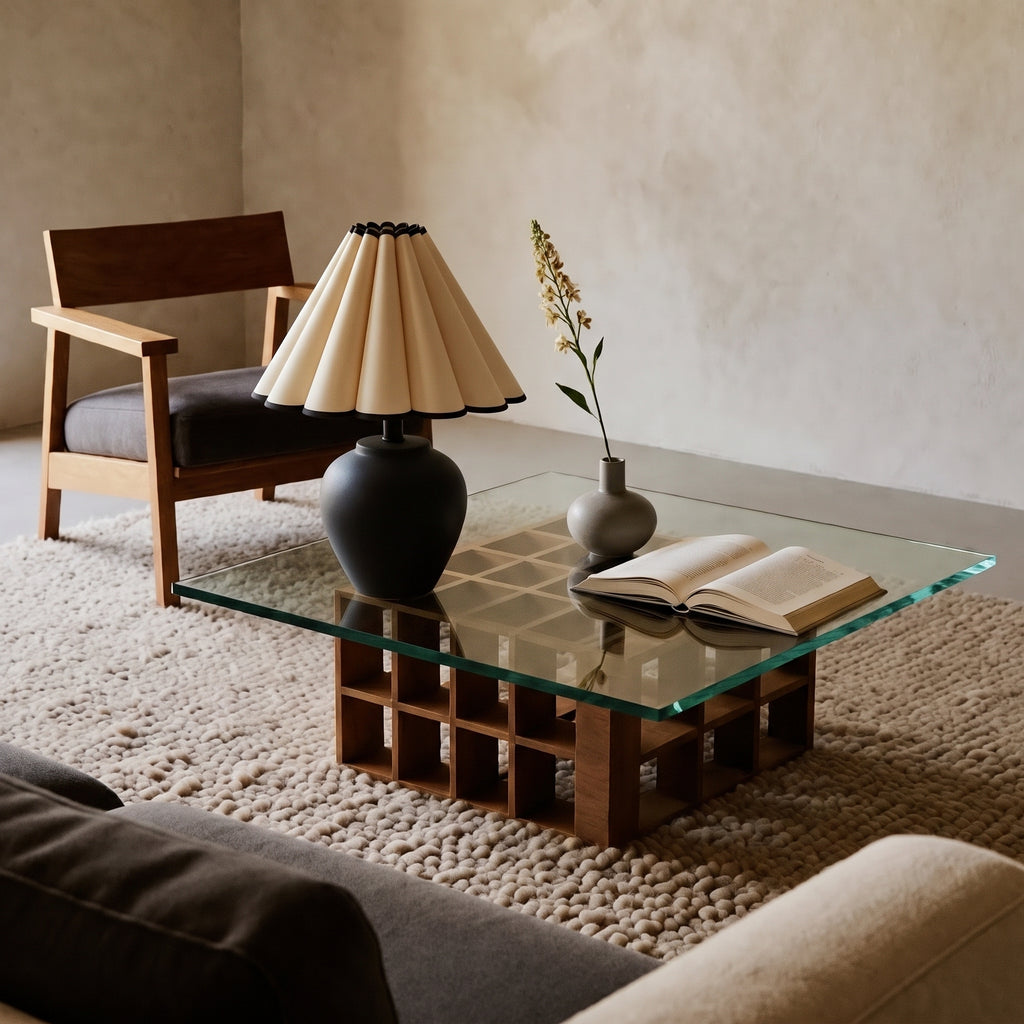 Matte black round-bellied lamp with a cream petal pleated shade on a glass coffee table with a wooden grid base, a small grey vase and an open book beside it