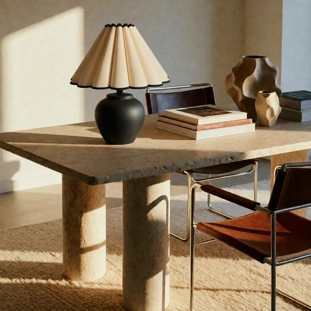 Matte black round-bellied lamp with a cream petal pleated shade on a travertine desk with books and sculptural vases