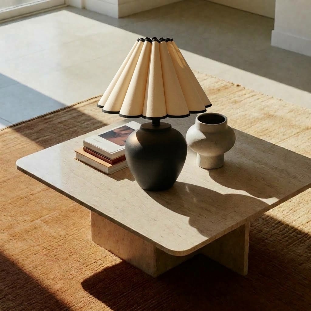 Matte black round-bellied lamp with a cream petal pleated shade on a square travertine table with books and a small vase