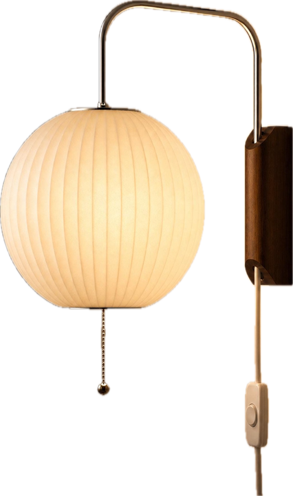 Globe Shuttle Sconce, a round pleated wall sconce with a wooden bracket