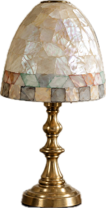Small table lamp with a mother-of-pearl mosaic shade on a brass stand