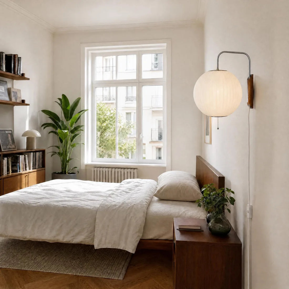 Globe Shuttle Sconce, a round pleated wall sconce, glowing beside a bed