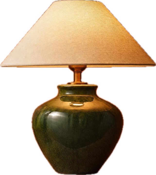 Green crackle-glaze ceramic table lamp with a linen shade